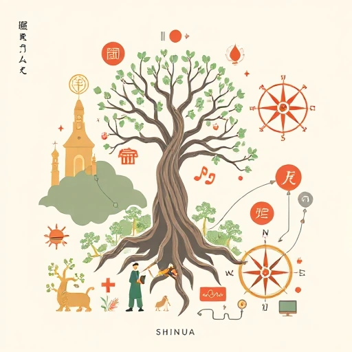 A stylized illustration of the evolution of SHINUA, showing ancient roots, cultural influences, and modern development, with symbolic elements like a tree of knowledge, a compass, and a digital network, all in a harmonious composition, no text