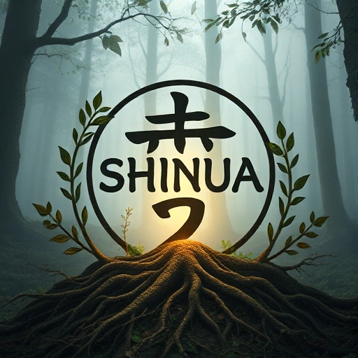 A stylized ancient rune or symbol representing the word SHINUA, surrounded by natural elements such as roots, leaves, and subtle glowing light, set against a misty forest background, with no visible text, letters, or digits.