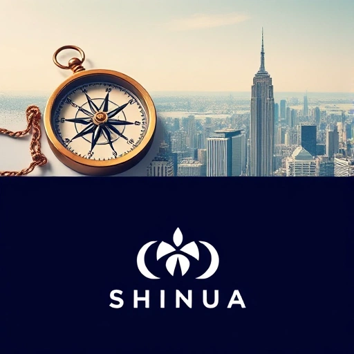 A dynamic composition illustrating the evolution of SHINUA, featuring a vintage compass symbolizing exploration, a stylized abstract logo representing the brand, and a modern city skyline in the background, all arranged in a clean, minimalistic style without any textual elements