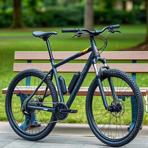 a budget-friendly mountain bicycle leaning against a clean park bench, highlighting simple components like the frame, gears, and handlebars, soft natural outdoor lighting, realistic photography style, detailed mechanical parts