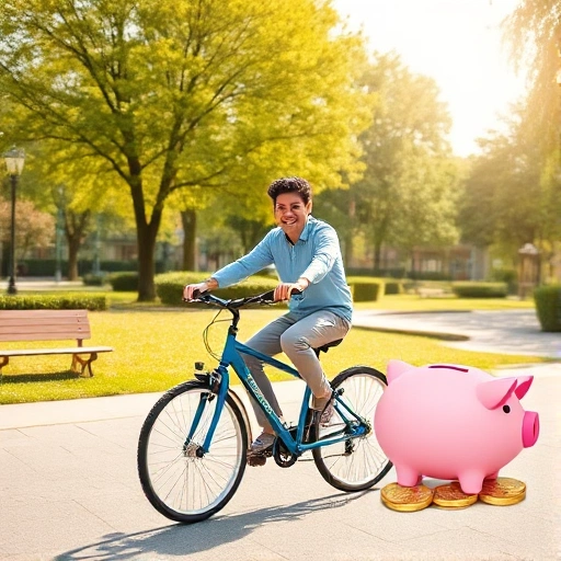 A happy person riding a simple modern bicycle through a sunny city park, symbolic representation of a piggy bank and coins in the background representing savings and economic benefit, vibrant colors, cheerful atmosphere