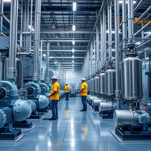 An industrial factory floor showing large vacuum pumps and vacuum chambers connected by piping, with workers in safety gear operating the equipment, highlighting the use of vacuum aggregates in manufacturing processes, with a focus on the machinery and industrial environment, no text or labels