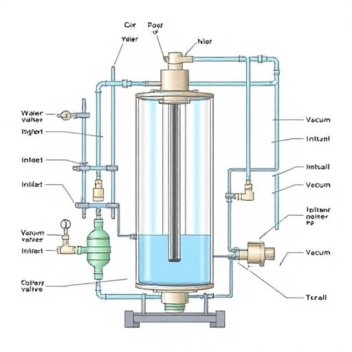 A detailed technical illustration of a water-tube vacuum system, showing the arrangement of water tubes, vacuum chamber, inlet and outlet valves, and the flow of water and vacuum, with clear visual cues for each component but no textual labels