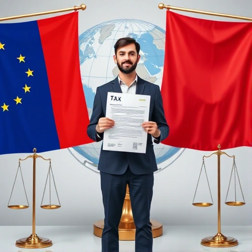A person standing between two country flags, holding a legal document and a tax form, with a globe and scales of justice in the background, symbolizing the concept and legal foundations of changing tax residency
