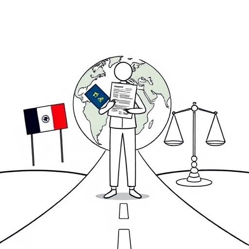 A symbolic illustration of a person standing at a crossroads between two countries, holding a passport and a tax document, with a globe in the background showing two different flags, and a balance scale representing the financial impact, all depicted in a clean, minimalistic style without any text or numbers