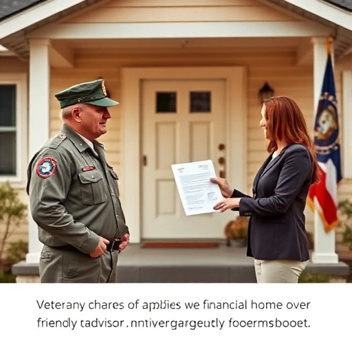 A respectful scene showing a veteran in uniform standing in front of a modest, welcoming home, with a friendly financial advisor handing over a mortgage contract, symbolizing support and stability. The setting is warm, with soft lighting, and the background includes subtle elements like a flag or emblem representing the military, but no text or numbers.