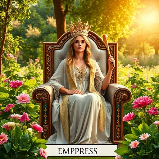 A majestic regal woman representing the Empress tarot card, sitting on a comfortable throne in a lush fertile garden. She wears a crown of twelve stars and holds a golden scepter. The atmosphere is filled with abundance, blooming flowers, nature, and soft golden sunlight.