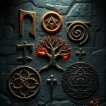 A mystical composition of various ancient symbols including a glowing rune, a stylized tree of life, and geometric mandalas carved into weathered stone, atmospheric lighting with golden dust particles and floating embers