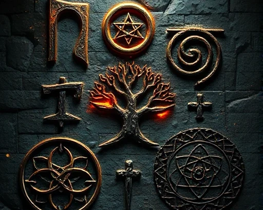 A mystical composition of various ancient symbols including a glowing rune, a stylized tree of life, and geometric mandalas carved into weathered stone, atmospheric lighting with golden dust particles and floating embers